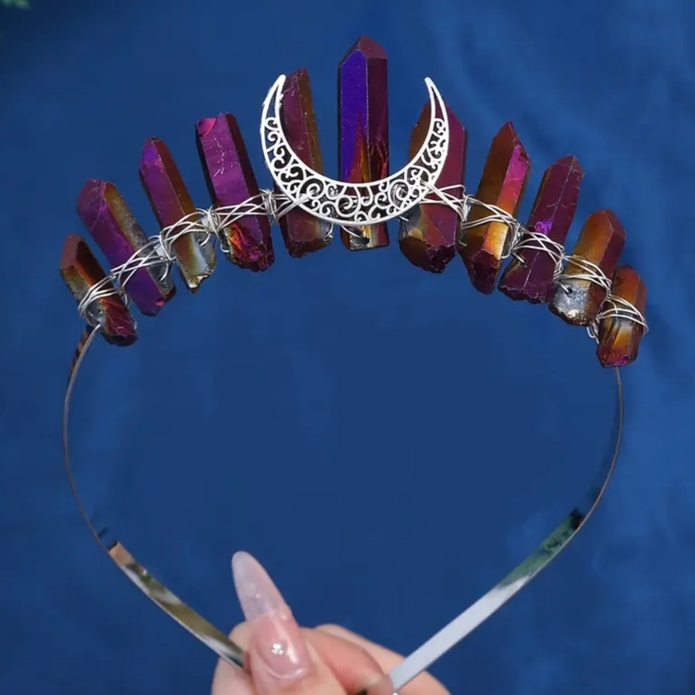 NIP! Genuine Purple Dyed Quartz Crystal Crowns with Silver Tone Findings & Moon!